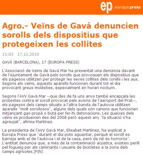 Notcia d'Europa Press sobre les molsties que les detonacions nocturnes dels pagesos provoquen a Gav Mar (17 Novembre 2010)